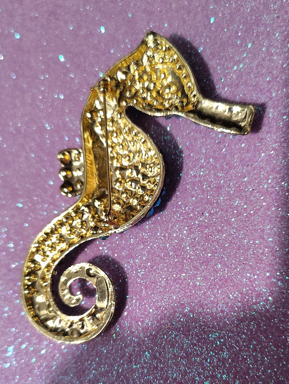 Vintage Style Blue & Multi Colored Rhinestone Seahorse Brooch - 3 1/2